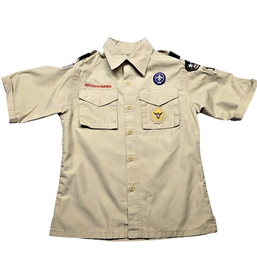 Boy Scouts Of America Shirt Youth Medium Beige Capitol Area Council Patches