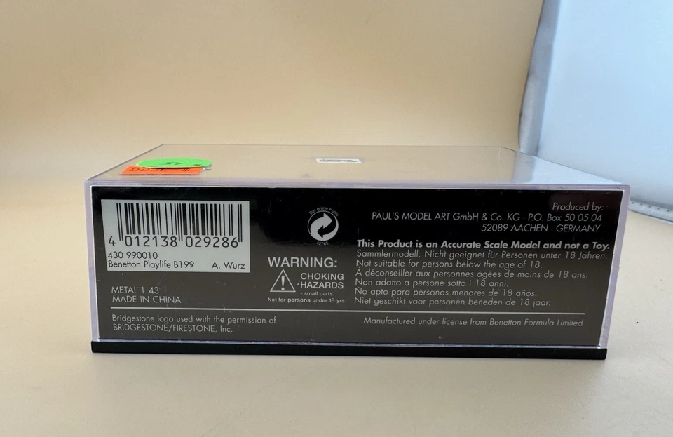 Minichamps F1 Benetton Playlife B199 #10 Alexander Wurz 1999 1/43 430 990010 - Image 4 of 4