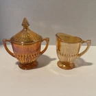 Vintage Carnival Glass Anniversary Jeanette Creamer & Sugar W/ Lid Marigold