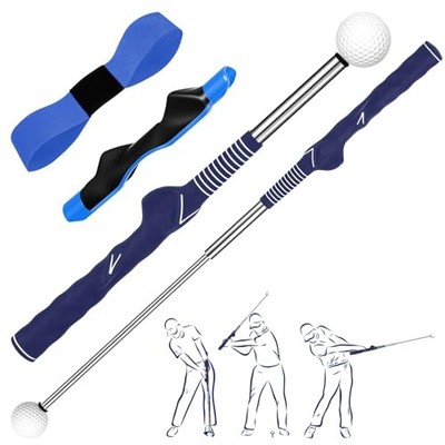 3 Pcs Right Hand Golf Training Aid Retractable Golf Swing Trainer Grip Blue