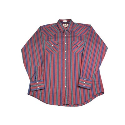 Ely Cattleman Mens Western Snap Shirt Red Blue Striped Tall Large 16.5 x 37