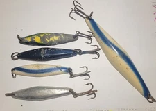 Vintage Jerry Jigs lot of 5- 1 @ 6 1/2 in. long, 4 @ 3 3/4 in. long "VERY RARE"