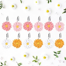 12Pcs Boho Daisy Shower Curtain Hooks Summer 4 Colors Flower Shower Rod Rings