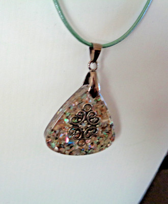 Artisan crafted, 1 3/4 resin pendant with with crushed abalone and silvertone ch