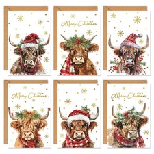 36 Packs Merry Christmas Gold Foil Greeting Cards Watercolor Highland Cow Snowfl