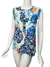 J CREW Mint Green Blue Coral Navy Floral Crepe Henley Neck Tank sz 4