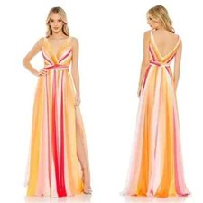Mac Duggal Pink Orange White Stripe Multi Color Maxi Gown Dress Sz 4 68151