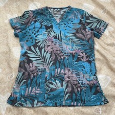 Butter-Soft Women's STRETCH Passion Fronds Pewter 2-Pocket Scrub Top Size XS