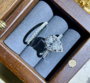 Authentic Halo Engagement Ring 14K White Gold Plated 2ct Pear Moissanite Wedding Ring Set