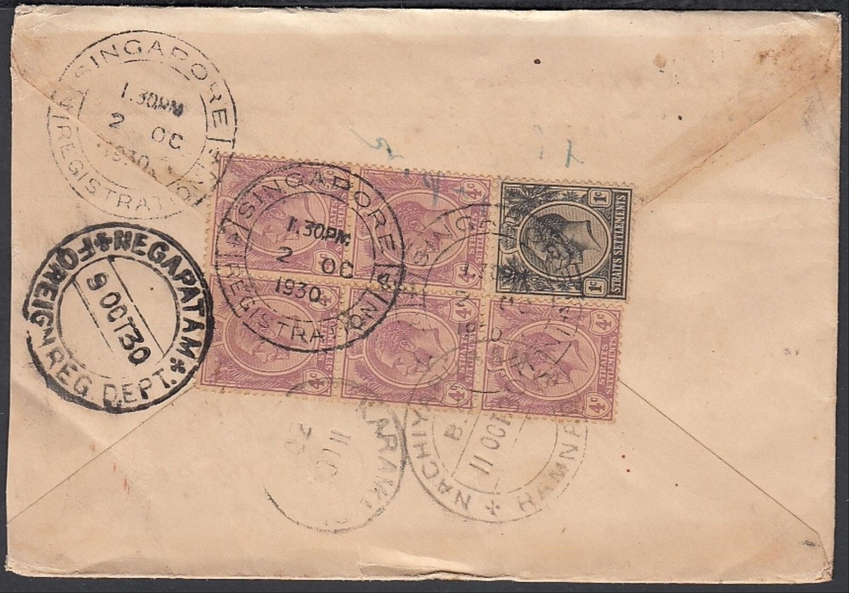 Singapore 1930 - Registerd Cover to Nachiyapuram-India.(VG