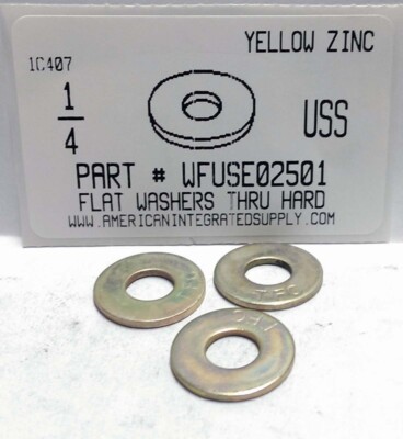 1/4 USS FLAT WASHERS THRU HARDENED STEEL YELLOW ZINC PLATED (50)