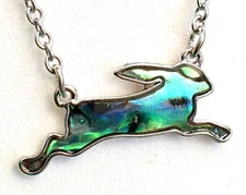 Running Hare Silver Necklace Rabbit Pendant Paua Abalone Shell 18" with Gift Box