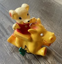 Made In Japan Wind Up Toy Soft Head Dog Riding On Yellow Horse - Works - 4 Long