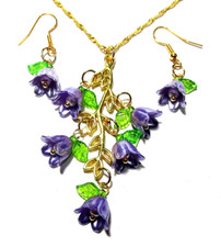 Gold Tone Purple Tulip Flower 20" Necklace  Pierced Earrings - NWOT  3276 