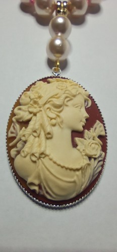 Collana di perle madreperla con cammeo pendente ciondolo 30x40mm donna vintage - Foto 12 di 22