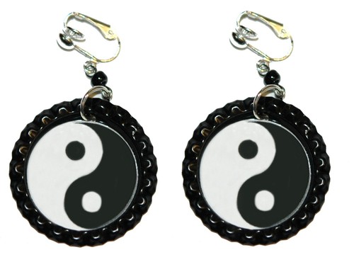 Black & White Yin Yang Bottle Cap Pierced or Clip on Dangle Earrings (CAP001) - Picture 3 of 3
