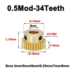 0.5 Mod Brass Pinion Gear Spur Gears 20 24 25 30 36 40 - 60 Teeth Bore 4mm-15mm
