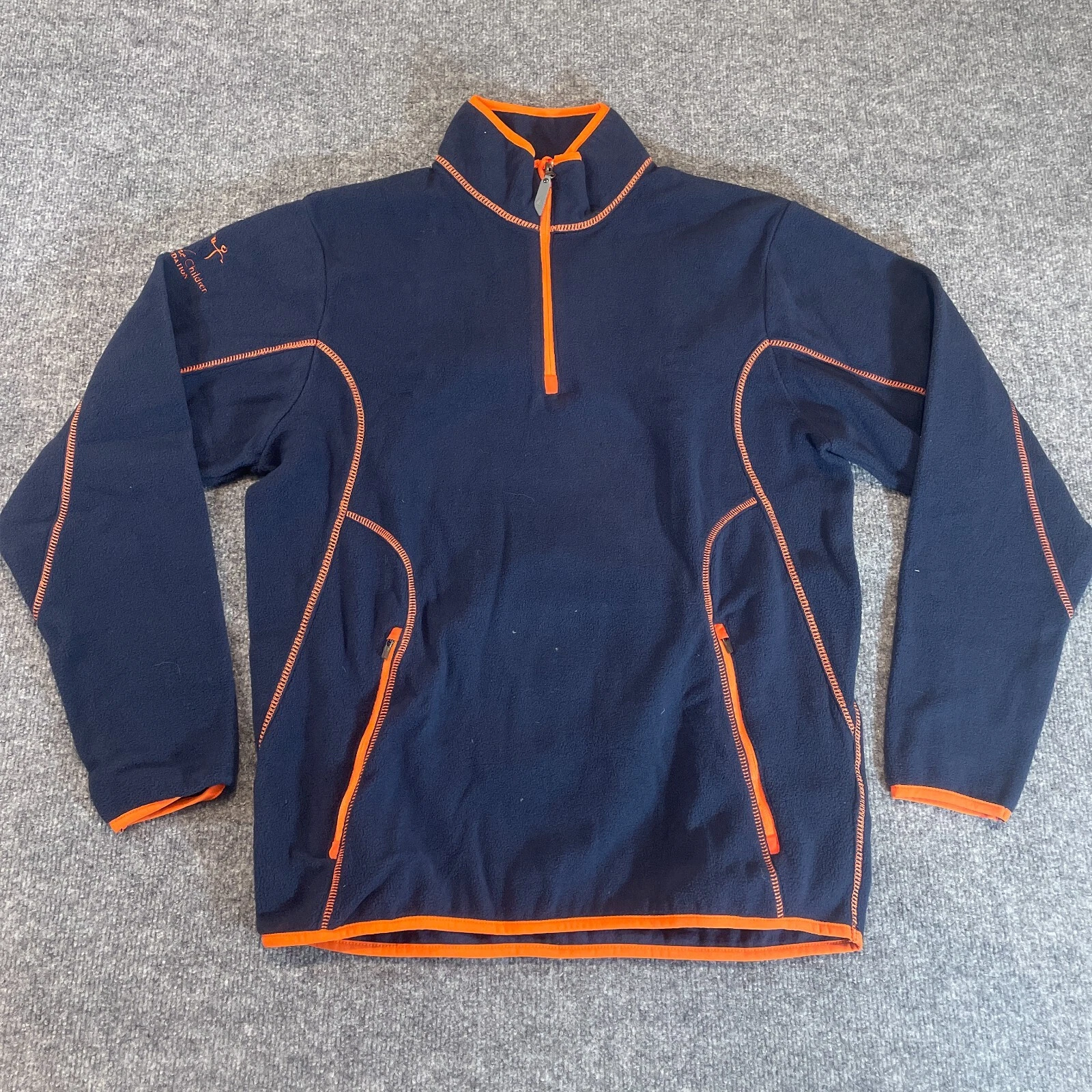 Antigua Fleece Pullover Mens Medium Navy Blue With Orange Trim 1/4 Zip Jacket M