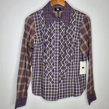 W By Worth Womens Purple Brown Mixed Plaid Pleated Front Top Size 6 Preppy  NWT