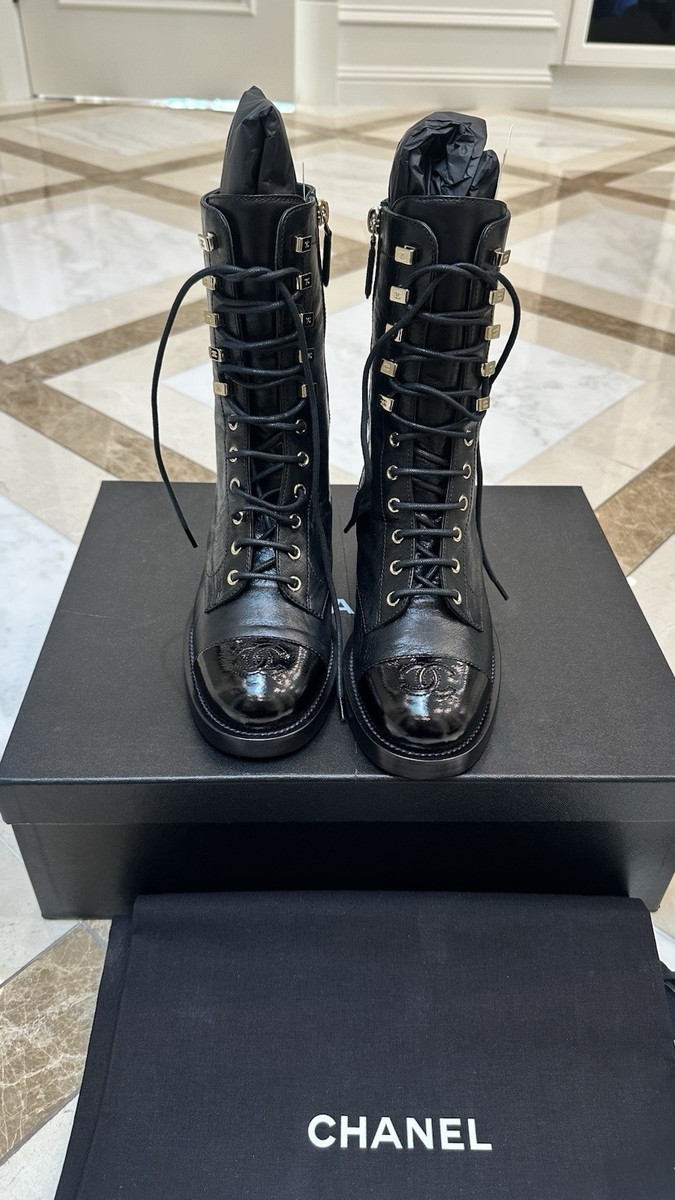 Chanel 21P Black Calfskin Leather Lace Up Boots with side zipper