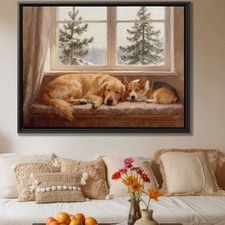 Golden Retriever Corgi Oil Painting Canvas Wall Art for Living Room Decor