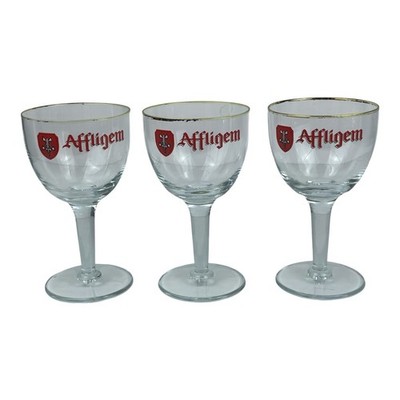 Set Of 3 Affligem Beer Goblets Gold Rim Stemmed Glasses Chalice 18cm 10cm