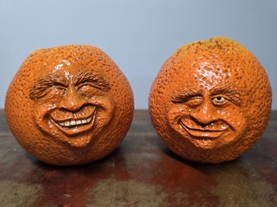 1990 Pair TMD Dave Maggard Anthropomorphic Orange Head Whimsical Expressive Face
