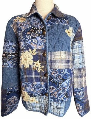 Keren Hart Patchwork Quilted Jacket Blue Floral Plaid Boho Cottagecore M