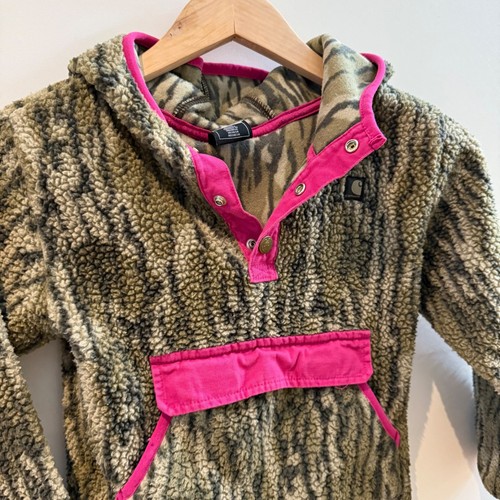 Carhartt Fuzzy Pullover Hoodie Camo Print Pink Kids Size 5 Sherpa Hunting Camp - Picture 3 of 17