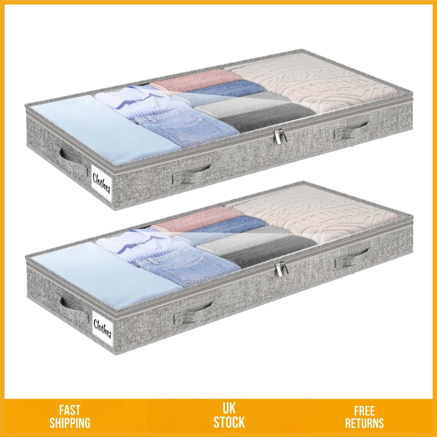 Slim Low Profile Underbed Clothes Storage Bags With Clear Window 10cm 2 Pack