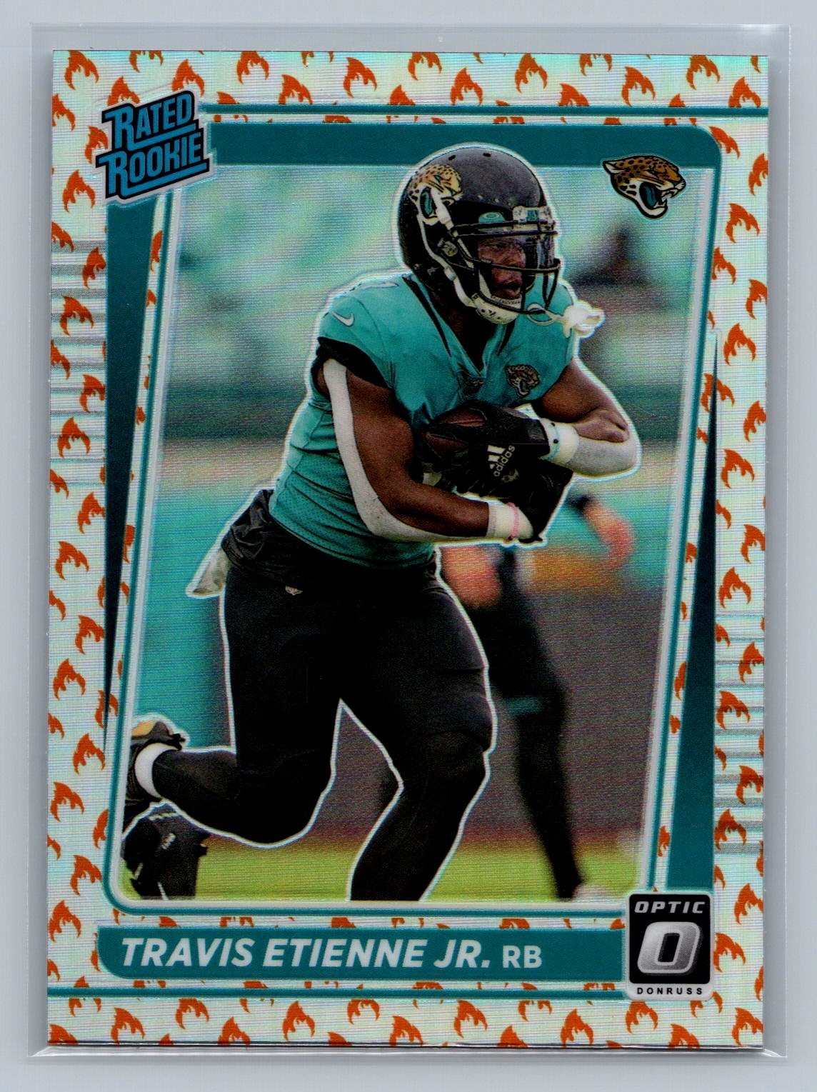 TRAVIS ETIENNE 2021 Optic Rated Rookie FIRE EMOJI Prizm #214 Case Hit SSP Jags