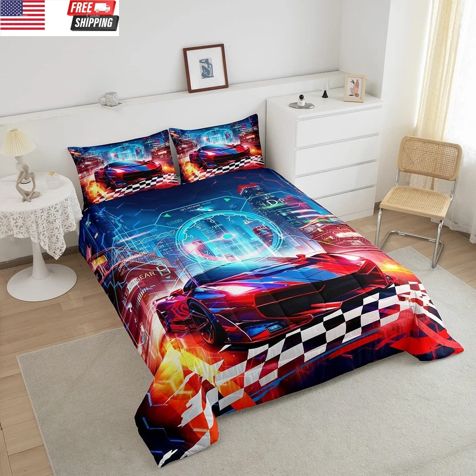 Juego de cama rojo para niños coche de carreras tamaño king edredón para decoración de coche de carreras extremo Foto 4 de 4