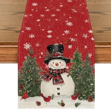 Snowman Christmas Birds Trees Table Runner, Table Runner, 13" x 72" Red