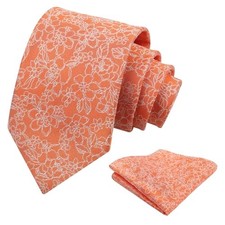 Mens 3.15inches Rose Pattern Necktie with Floral Handkerchief Set 914-orange