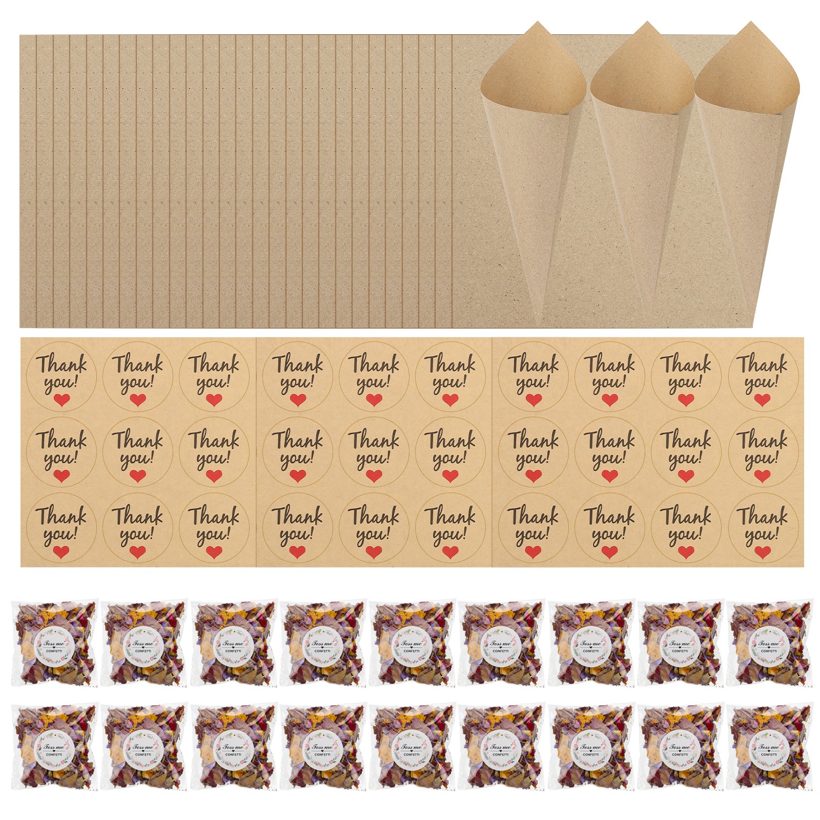 30 Pcs Dried Flower Confetti Cones with Dried Rose Petals & Sticker Purple