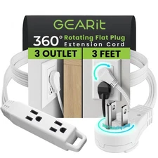 GEARit 360 Rotating Flat Plug Extension Cord (3ft, White) Multi 3-Outlet Exte...