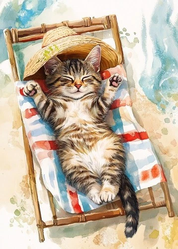 Print ACEO Art Card Cute Cat Sleeping Beach Bed Watercolor Limited Edition
