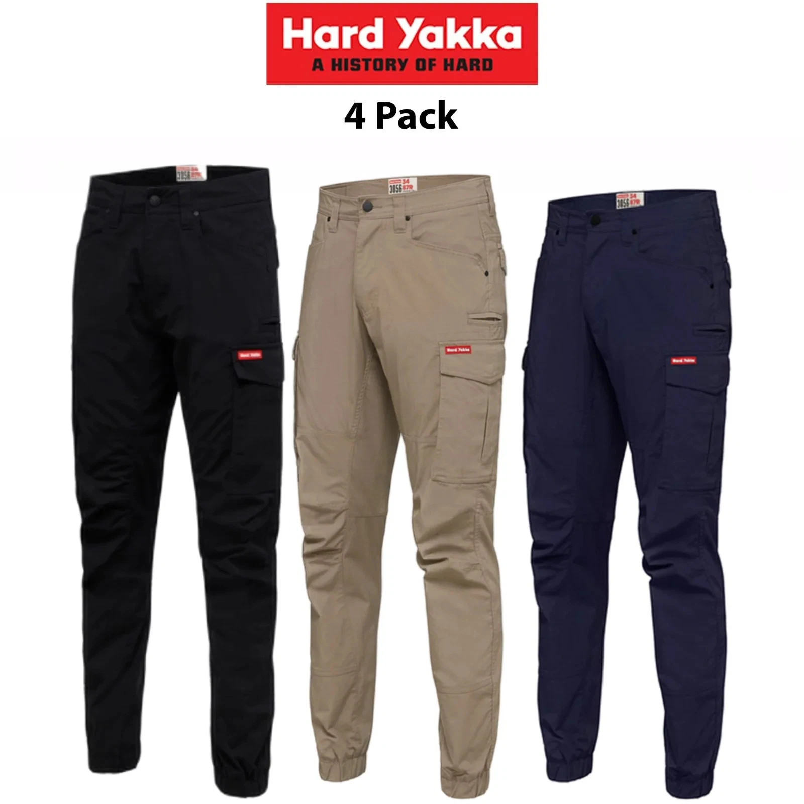 Hard Yakka 4 Pack Pants Cuff 3056 Ripstop Stretch Cargo Slim Fit Tough Y02340