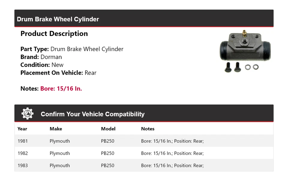 Задний цилиндр колеса барабанного тормоза для 1981-1983 Plymouth PB250 Dorman 1982 - Изображение 2 из 4