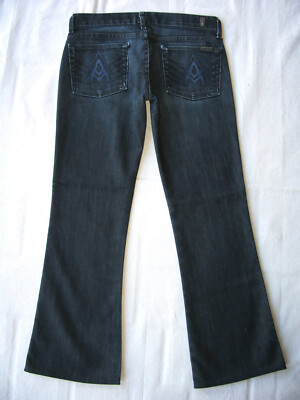 7 for all Mankind A-Poc Low Boot Jean Wm Sz 27 Dark Blue Distressed+Stretch L28