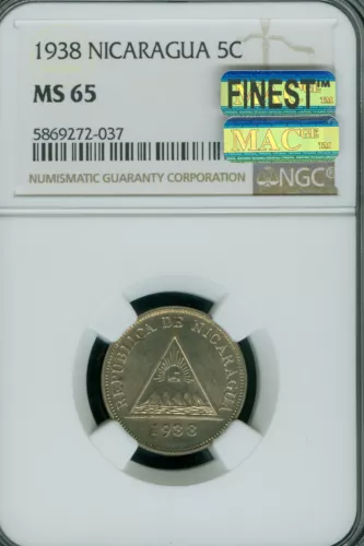 1938 NICARAGUA 5 CENTAVOS NGC MS65 PQ MAC FINEST & SPOTLESS VERY RARE *