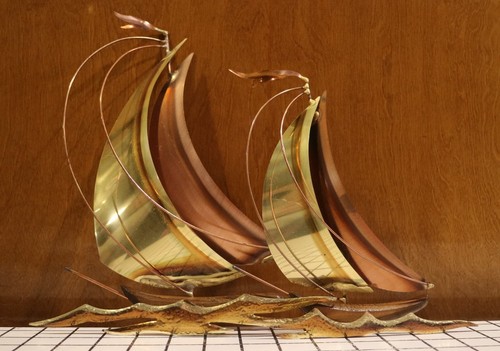 VTG Mid Century Sailboat Metal Wall Art Set/ 2 Copper & Brass MCM Homco orig box - Picture 6 of 6