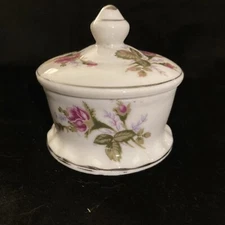 Vintage 2 pc Porcelain Trinket Box Rose Design Silver Trim