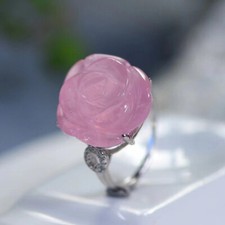 Natural Rose Quartz Gemstone Carving Ring Adjustable Size Jewelry