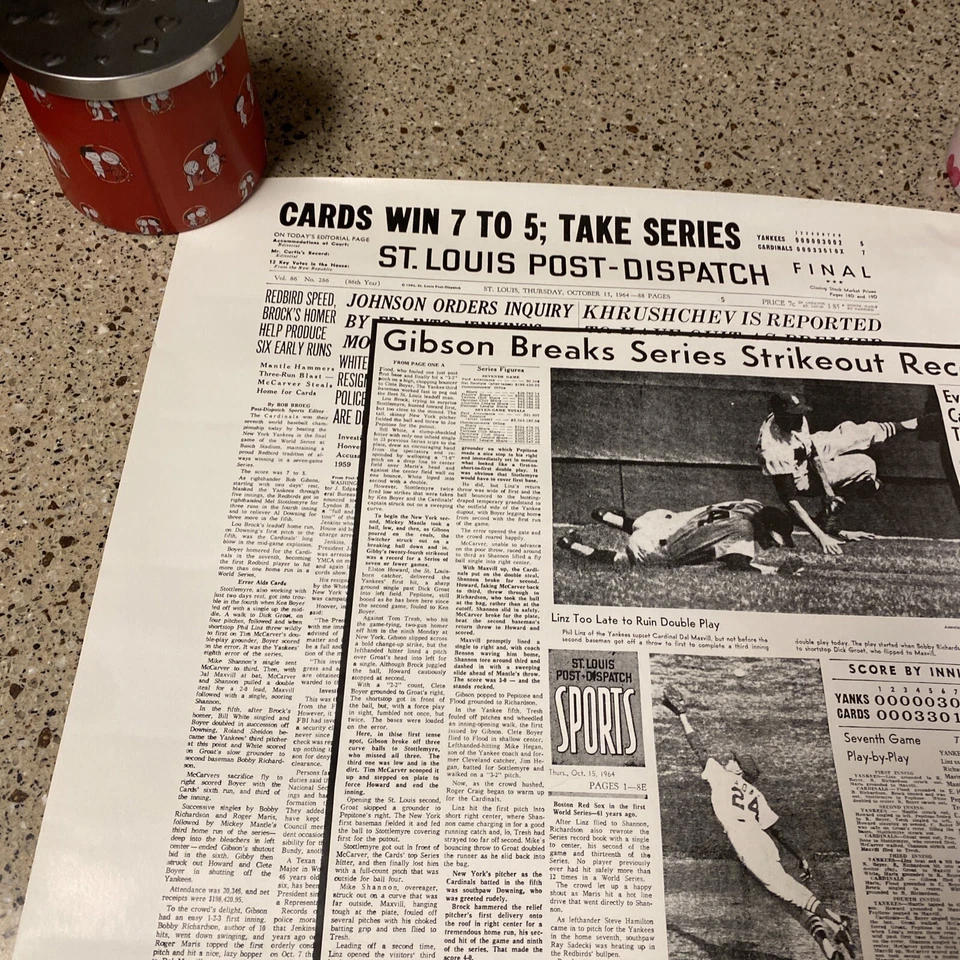 St. Louis Post Dispatch 1964 World Champs St. Louis Cardinals Poster 22.5"x17.5" - Image 2 of 4