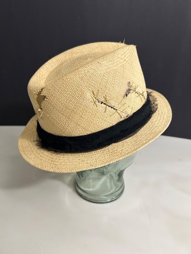 Maison Michel Paris Destroyed Straw Fedora Hat Beige Black Netting RARE - Picture 3 of 14