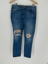Arizona Sz 9 Juniors Women's Jeans BOYFRIEND DISTRESSED Denim Gold Sequin X7
