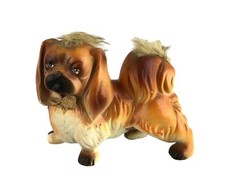 Ceramic Pekingese Dog Figurine Faux Fur Bow Tie Japan Faux Fur 4.25"