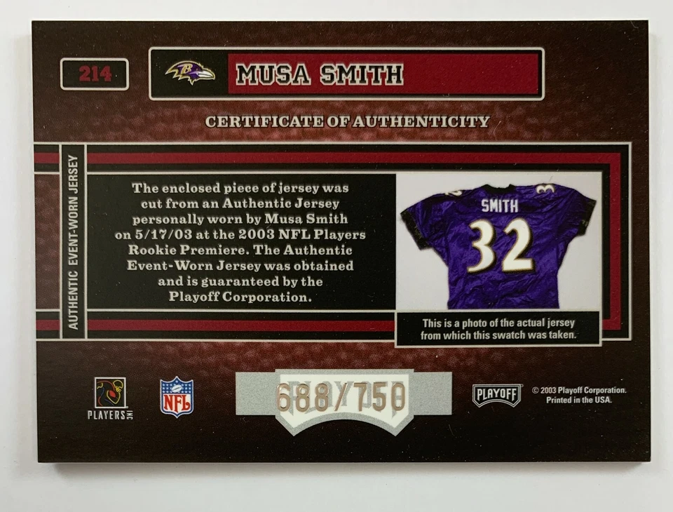 2003 Playoff Hogg Heaven Musa Smith Rookie Premiere Hoggs Relic 688/750 FRA24 - Image 2 of 2