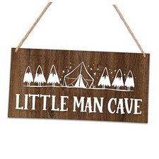 Camping Nursery Decor for Boys, 5"x10" Little Man Cave Wood Sign, Natural Brown